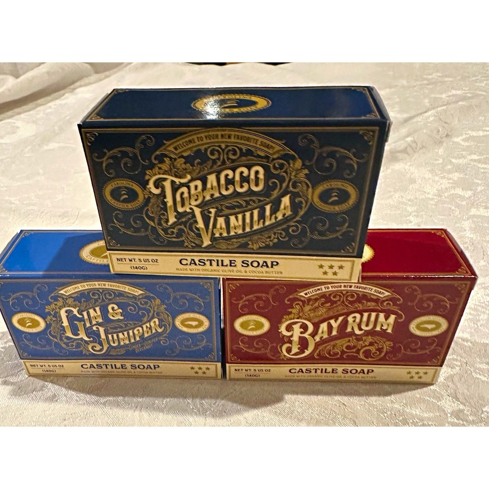 3 bars Castile Soap Bar Tobacco Vanilla Gin &Juniper Bay Rum